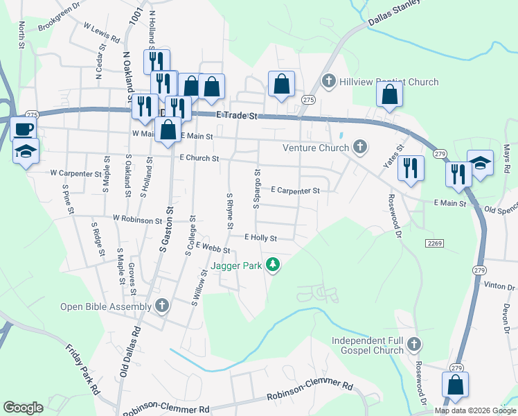 map of restaurants, bars, coffee shops, grocery stores, and more near 501 East Peachtree Street in Dallas