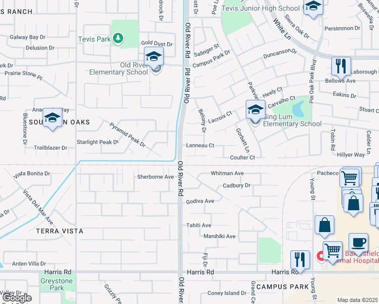 map of restaurants, bars, coffee shops, grocery stores, and more near 9611 Shoreham Court in Bakersfield