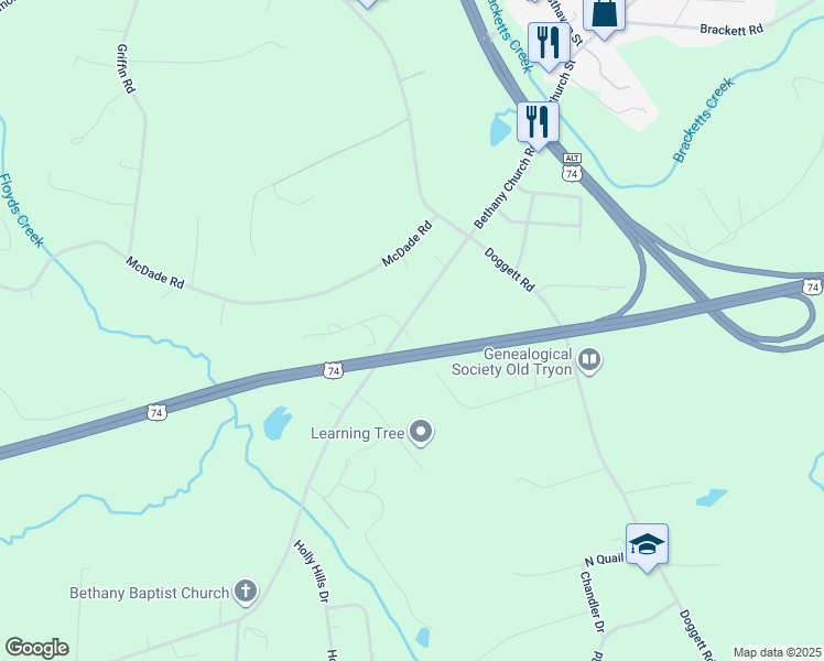 map of restaurants, bars, coffee shops, grocery stores, and more near 371 Bethany Church Road in Forest City