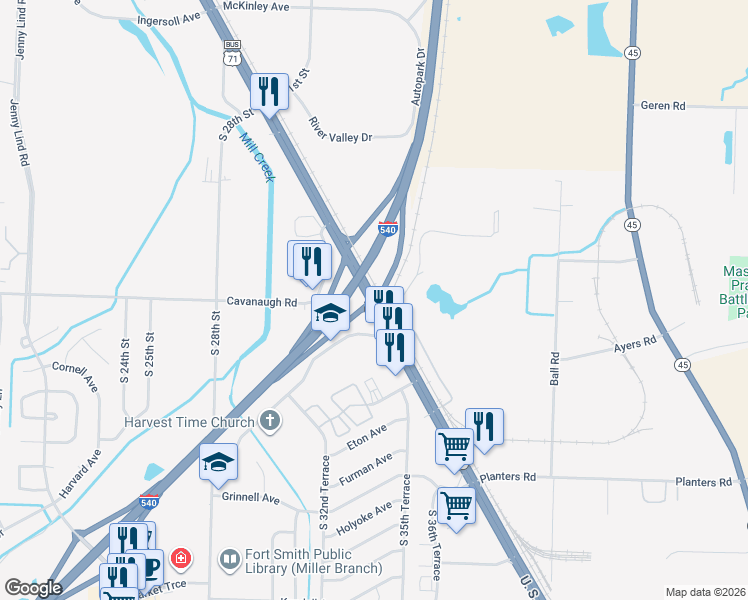 map of restaurants, bars, coffee shops, grocery stores, and more near 4615 U.S. 71 in Fort Smith