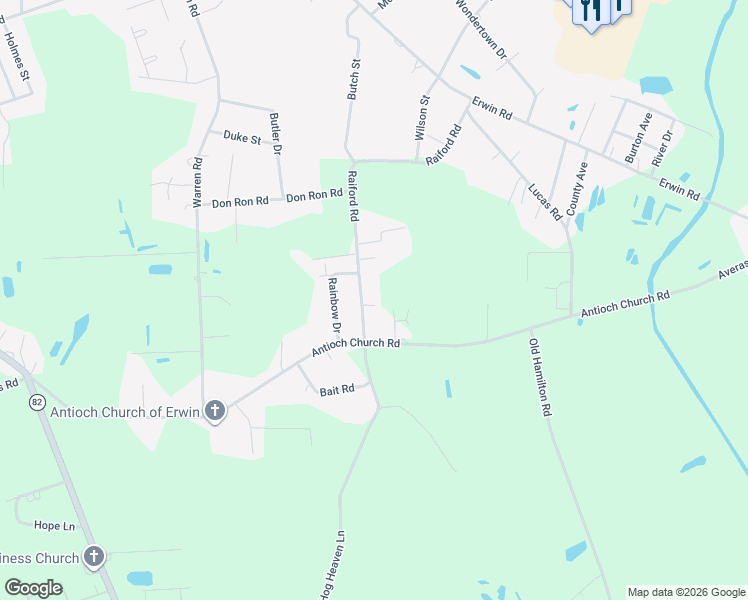 map of restaurants, bars, coffee shops, grocery stores, and more near 781 Raiford Road in Erwin