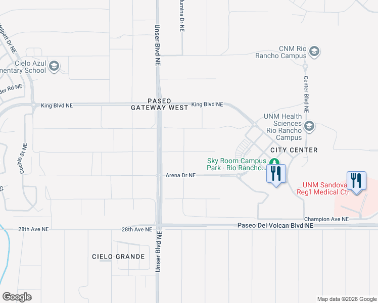 map of restaurants, bars, coffee shops, grocery stores, and more near Painted Hills Avenue Northeast in Rio Rancho