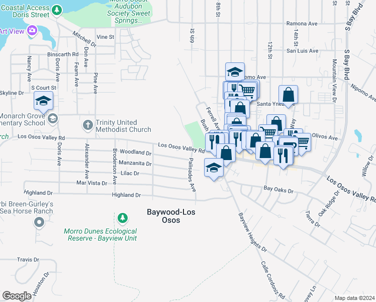 map of restaurants, bars, coffee shops, grocery stores, and more near 781 Los Osos Valley Road in Baywood-Los Osos