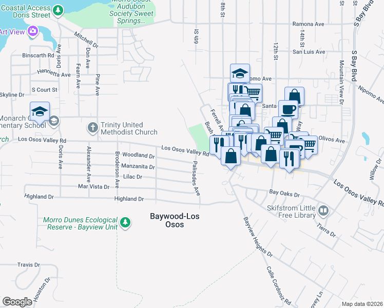 map of restaurants, bars, coffee shops, grocery stores, and more near 780 Woodland Drive in Baywood-Los Osos