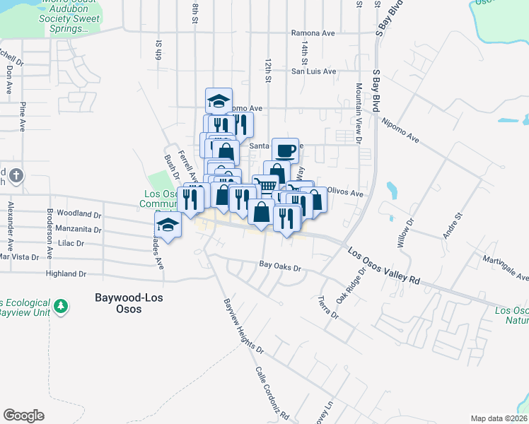map of restaurants, bars, coffee shops, grocery stores, and more near 1150 Los Osos Valley Road in Baywood-Los Osos