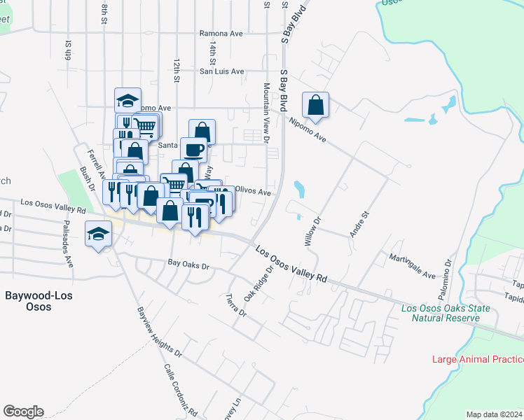 map of restaurants, bars, coffee shops, grocery stores, and more near 2149 Mountain View Drive in Baywood-Los Osos