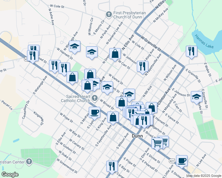 map of restaurants, bars, coffee shops, grocery stores, and more near 300 North Layton Avenue in Dunn