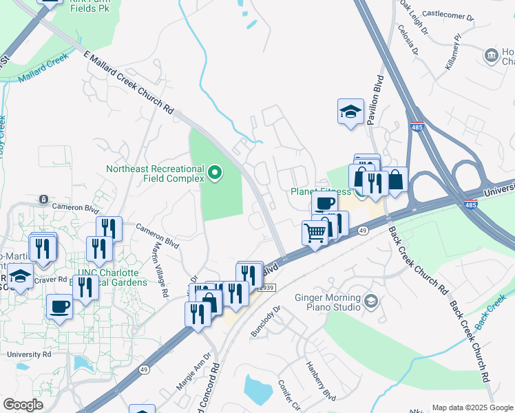 map of restaurants, bars, coffee shops, grocery stores, and more near 1201 Campus Pointe Court in Charlotte
