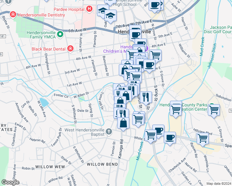 map of restaurants, bars, coffee shops, grocery stores, and more near 1 Summit Circle in Hendersonville