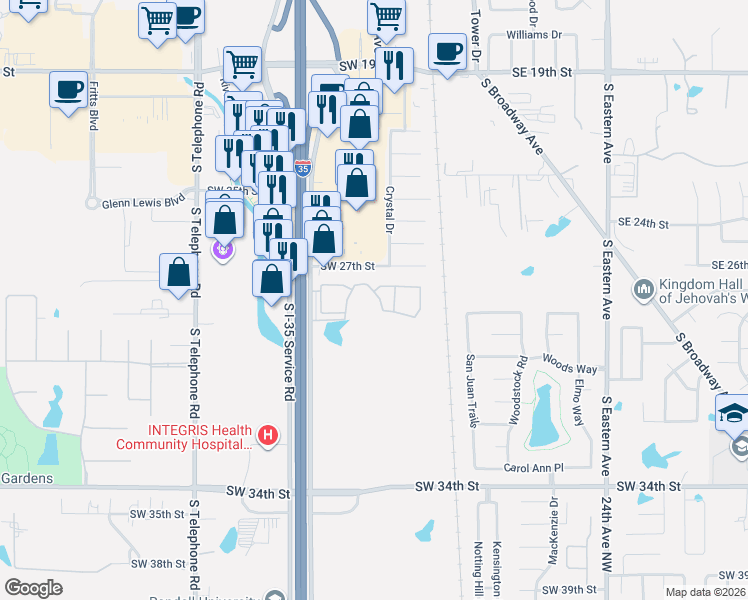 map of restaurants, bars, coffee shops, grocery stores, and more near 2950 South I- 35 Service Road in Moore