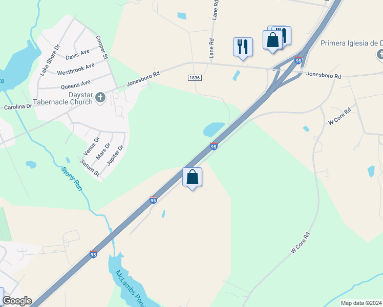 map of restaurants, bars, coffee shops, grocery stores, and more near 552 Jerry Carr Road in Dunn