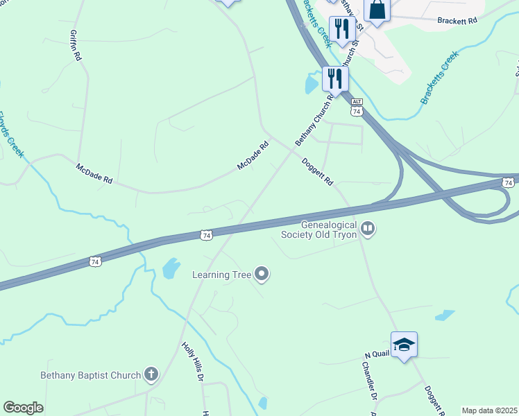 map of restaurants, bars, coffee shops, grocery stores, and more near 371 Bethany Church Road in Forest City