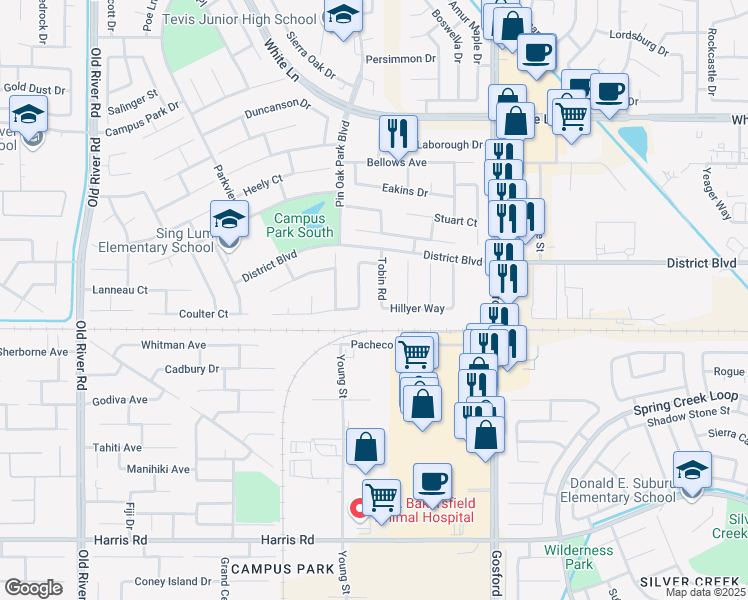 map of restaurants, bars, coffee shops, grocery stores, and more near 4717 Tobin Road in Bakersfield