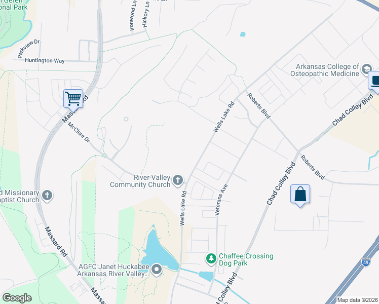 map of restaurants, bars, coffee shops, grocery stores, and more near 7500 Wells Lake Road in Fort Smith
