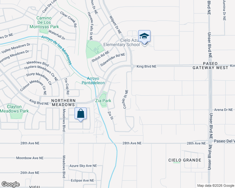 map of restaurants, bars, coffee shops, grocery stores, and more near 3264 San Ildefonso Loop Northeast in Rio Rancho