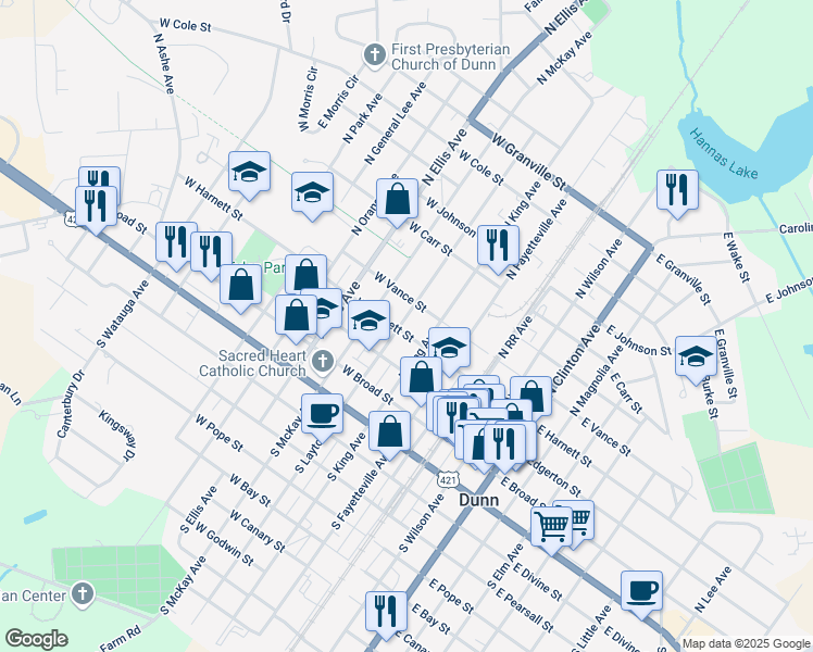 map of restaurants, bars, coffee shops, grocery stores, and more near 300 North Layton Avenue in Dunn