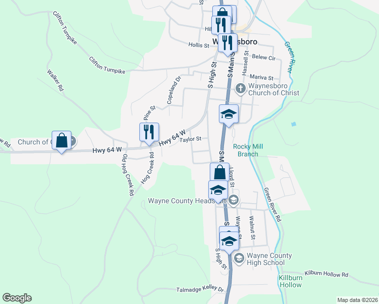 map of restaurants, bars, coffee shops, grocery stores, and more near 416 Woodtown Street in Waynesboro