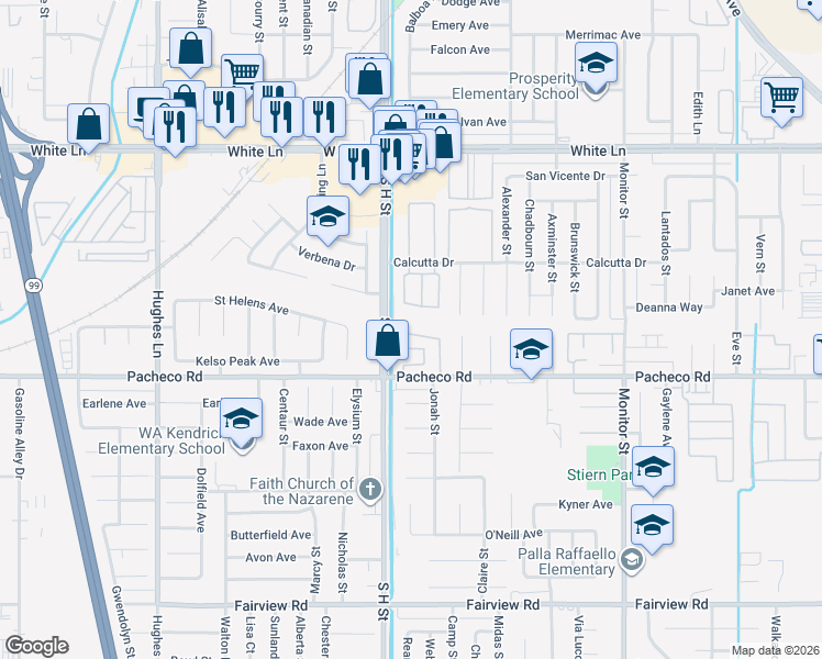 map of restaurants, bars, coffee shops, grocery stores, and more near 1500 Pacheco Road in Bakersfield