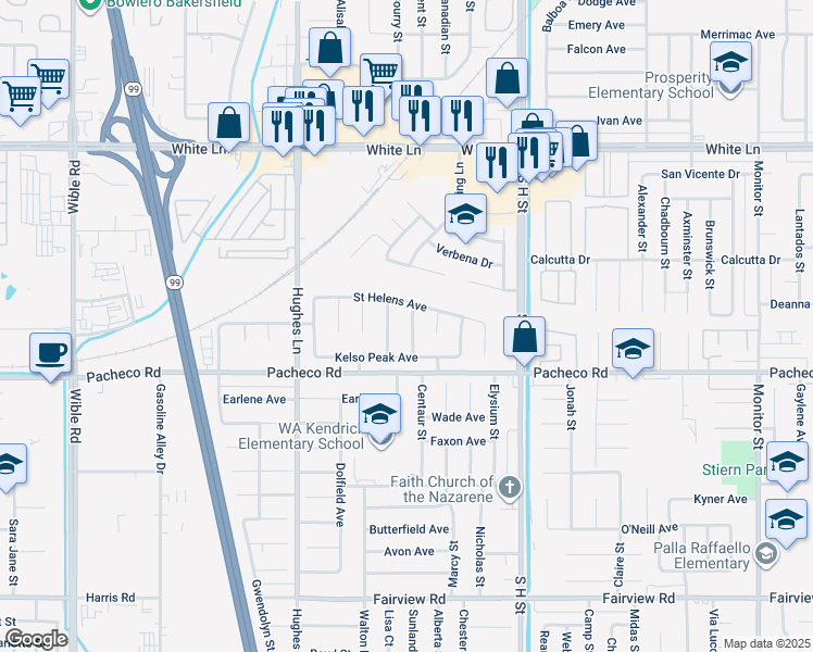 map of restaurants, bars, coffee shops, grocery stores, and more near 4708 Half Dome Way in Bakersfield