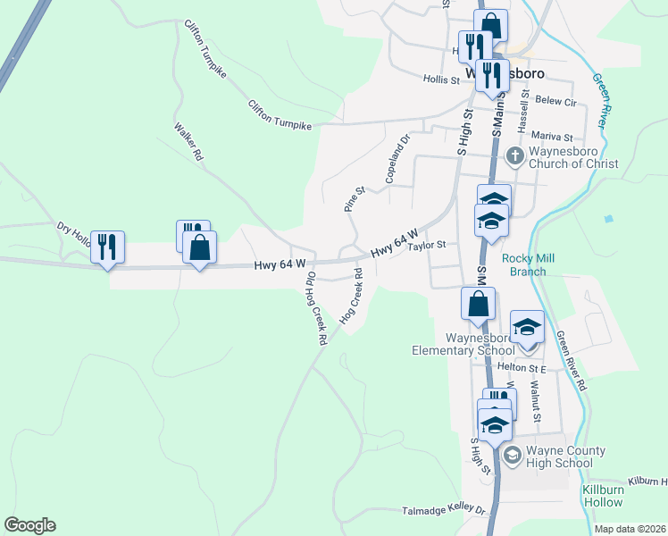map of restaurants, bars, coffee shops, grocery stores, and more near 412 Poplar Street in Waynesboro