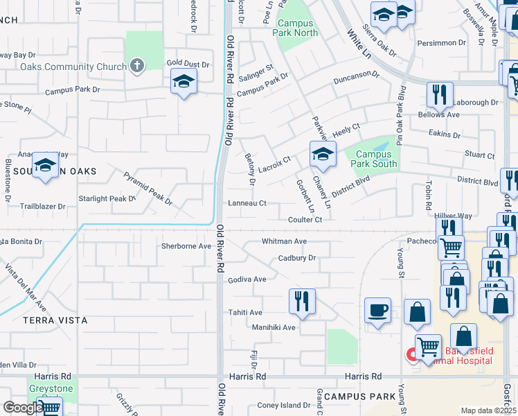 map of restaurants, bars, coffee shops, grocery stores, and more near 9425 Lanneau Court in Bakersfield