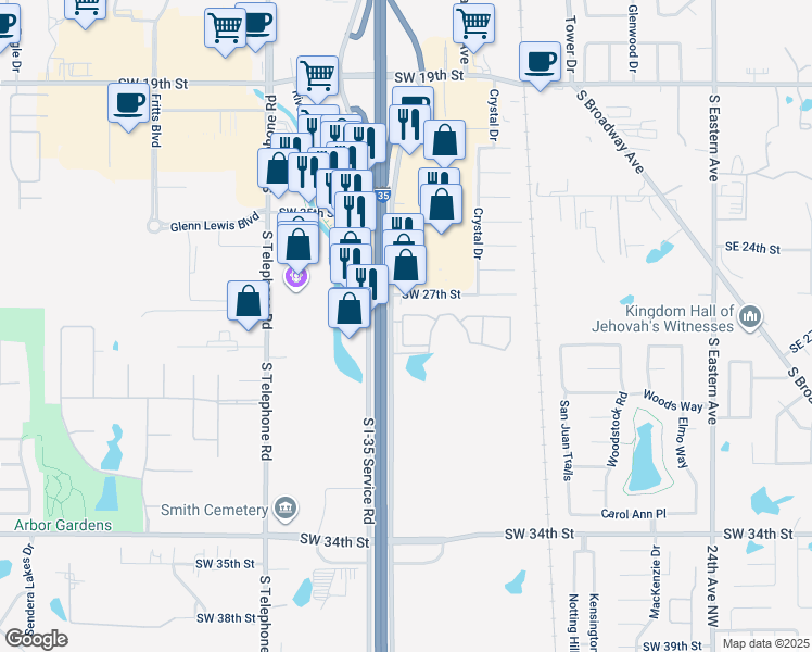 map of restaurants, bars, coffee shops, grocery stores, and more near 2900 S Service Rd in Moore