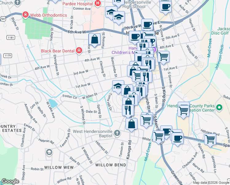 map of restaurants, bars, coffee shops, grocery stores, and more near 53 Toms Park Circle in Hendersonville