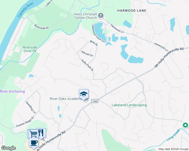 map of restaurants, bars, coffee shops, grocery stores, and more near 11427 Hawk Roost Court in Charlotte