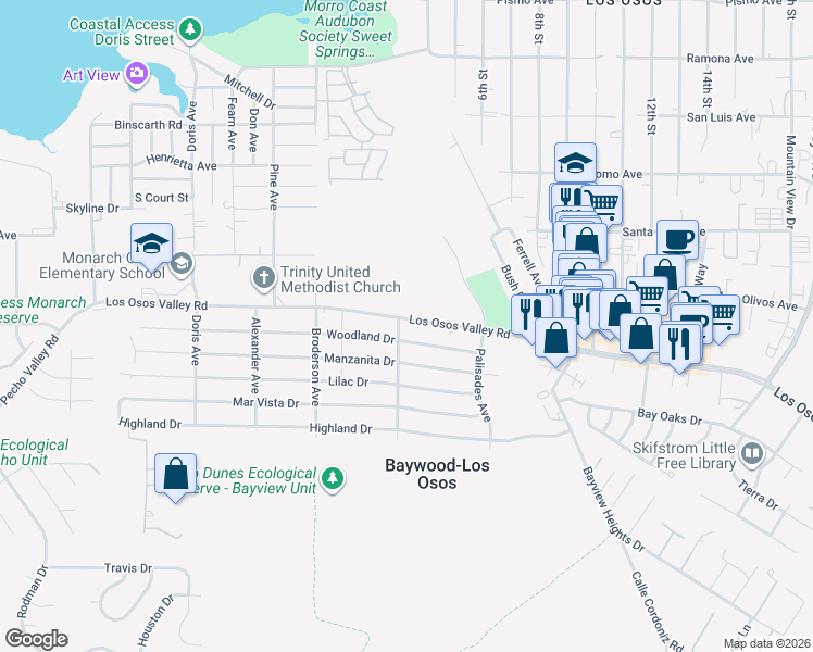 map of restaurants, bars, coffee shops, grocery stores, and more near 691 Woodland Drive in Baywood-Los Osos