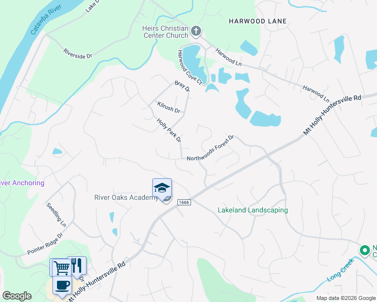 map of restaurants, bars, coffee shops, grocery stores, and more near 11430 Northwoods Forest Drive in Charlotte