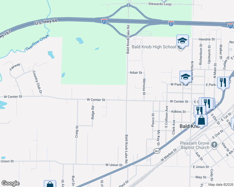 map of restaurants, bars, coffee shops, grocery stores, and more near 1012 West Center Street in Bald Knob