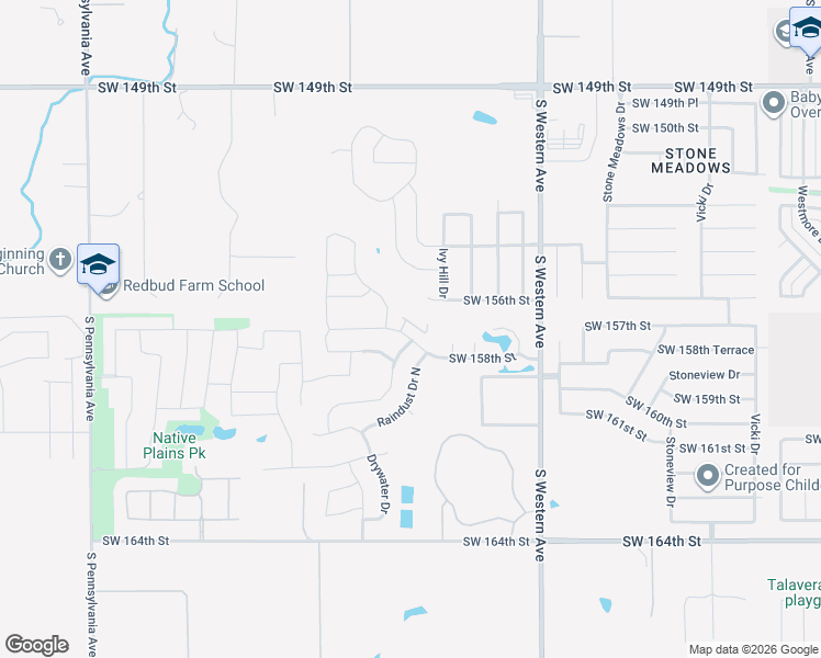 map of restaurants, bars, coffee shops, grocery stores, and more near 1105 Southwest 158th Street in Oklahoma City