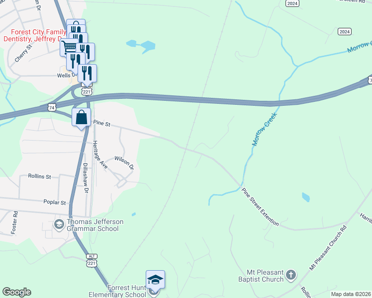 map of restaurants, bars, coffee shops, grocery stores, and more near 644 Pine Street in Forest City