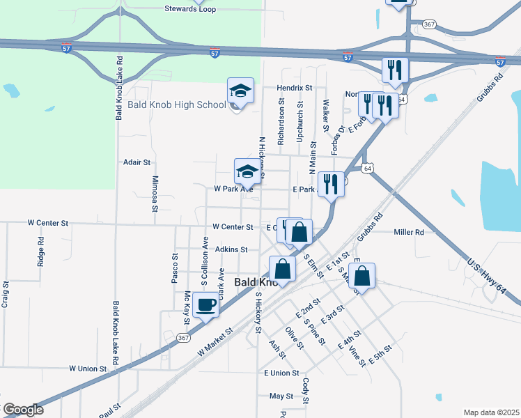 map of restaurants, bars, coffee shops, grocery stores, and more near 102 Center Street in Bald Knob