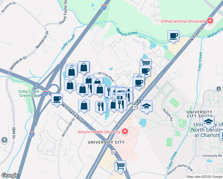 map of restaurants, bars, coffee shops, grocery stores, and more near 9039 J M Keynes Drive in Charlotte