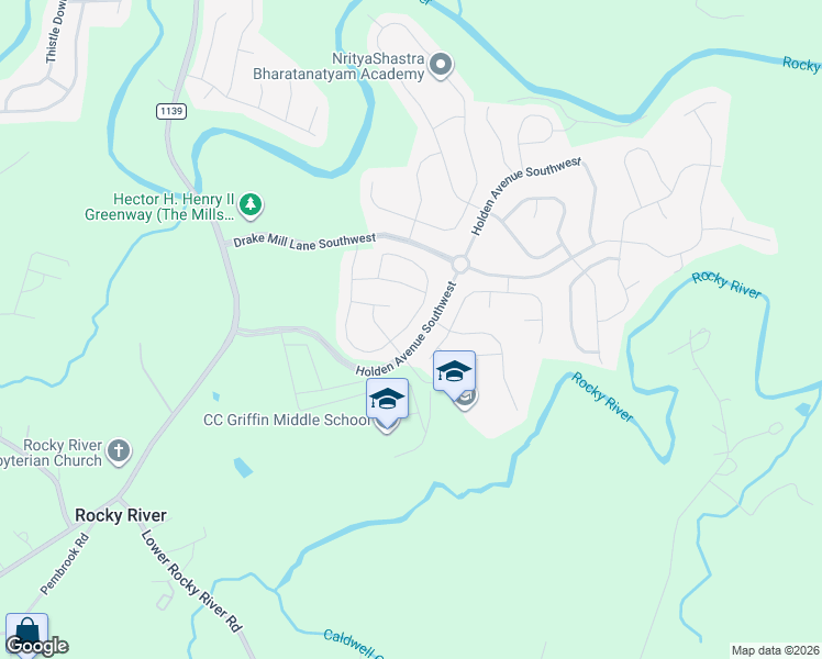 map of restaurants, bars, coffee shops, grocery stores, and more near 1679 Elbens Lane Southwest in Concord