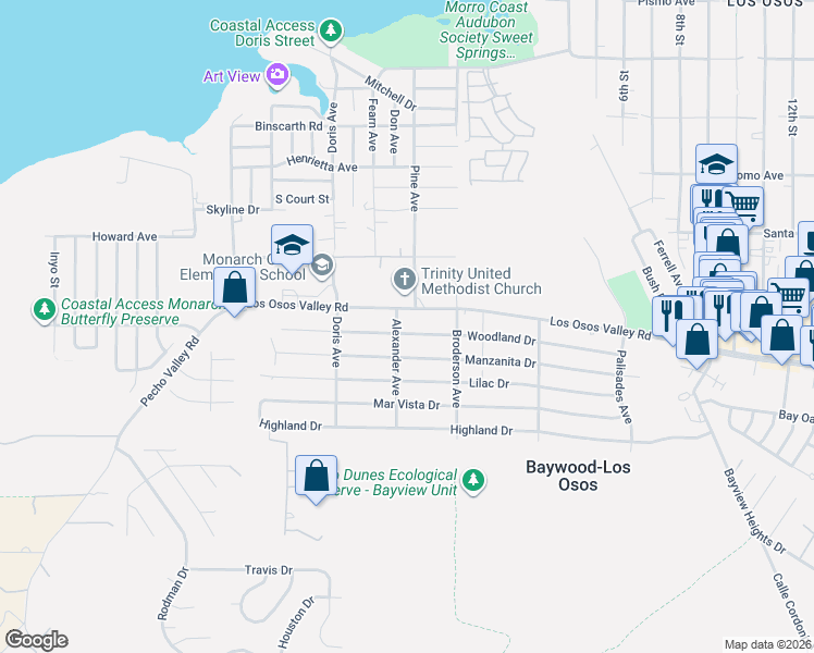 map of restaurants, bars, coffee shops, grocery stores, and more near 508 Woodland Drive in Baywood-Los Osos