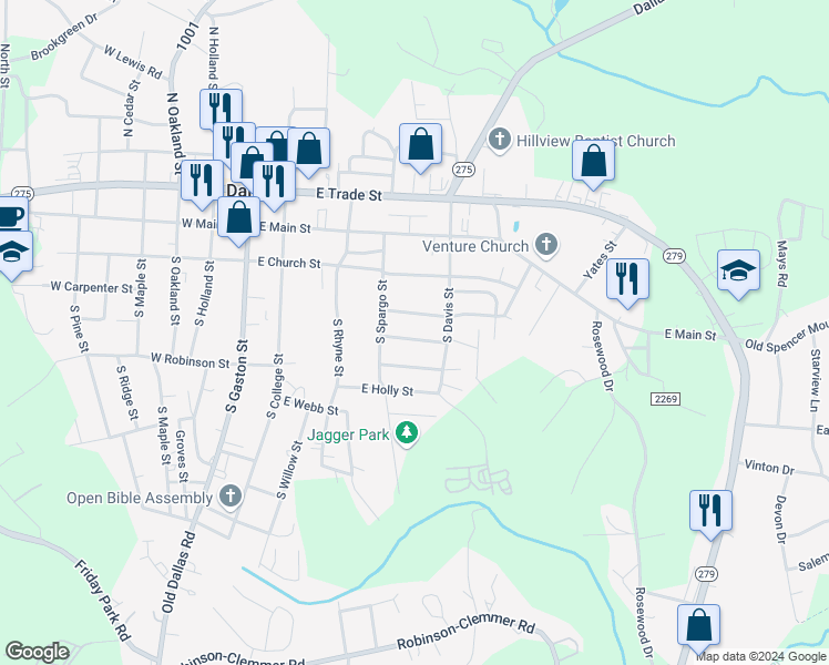 map of restaurants, bars, coffee shops, grocery stores, and more near 512 East Peachtree Street in Dallas