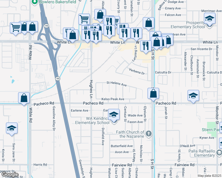 map of restaurants, bars, coffee shops, grocery stores, and more near 4620 Kaiser Peak Court in Bakersfield