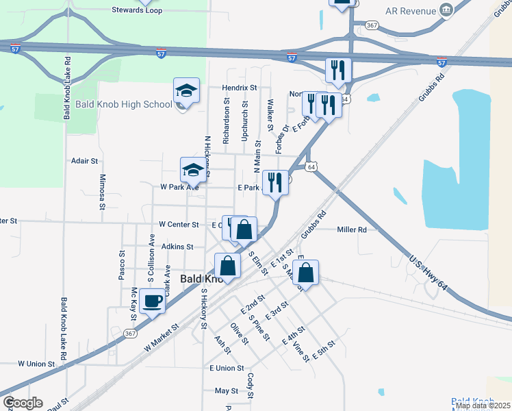 map of restaurants, bars, coffee shops, grocery stores, and more near 206 North Main Street in Bald Knob