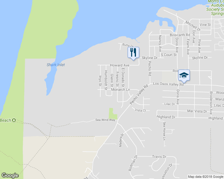 map of restaurants, bars, coffee shops, grocery stores, and more near Monarch Lane & Glenn Street in Baywood-Los Osos
