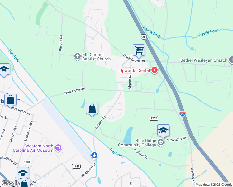 map of restaurants, bars, coffee shops, grocery stores, and more near 1153 Airport Road in Flat Rock