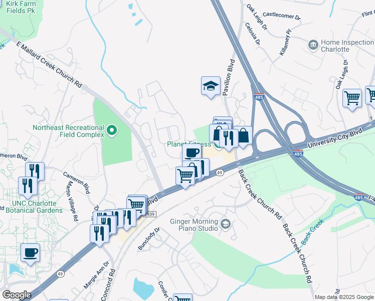 map of restaurants, bars, coffee shops, grocery stores, and more near 10039 University City Boulevard in Charlotte