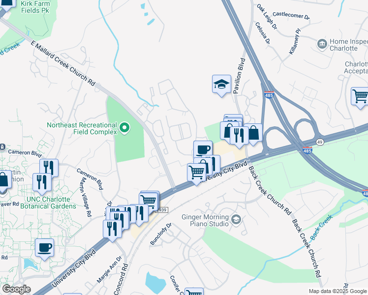 map of restaurants, bars, coffee shops, grocery stores, and more near 10040 Dabney Drive in Charlotte