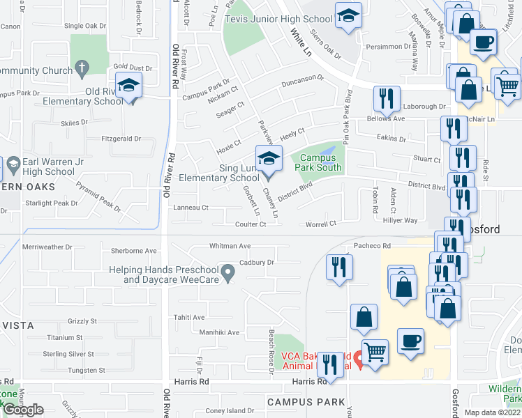 map of restaurants, bars, coffee shops, grocery stores, and more near 4620 Gorbett Lane in Bakersfield