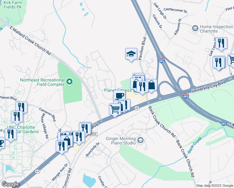 map of restaurants, bars, coffee shops, grocery stores, and more near 1721 Thomas Combs Drive in Charlotte