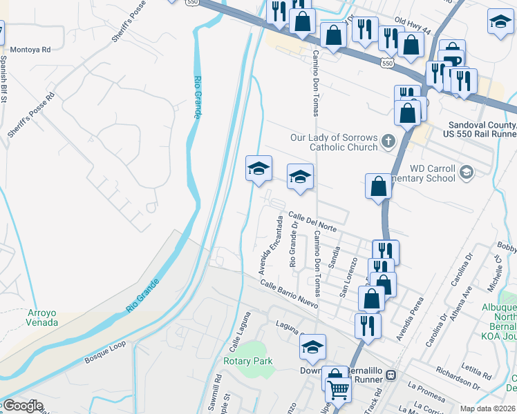 map of restaurants, bars, coffee shops, grocery stores, and more near 509 Calle De La Angel in Bernalillo