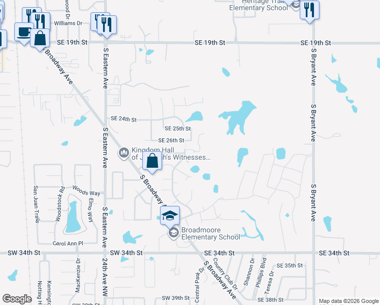 map of restaurants, bars, coffee shops, grocery stores, and more near 304 Southeast 27th Street in Moore