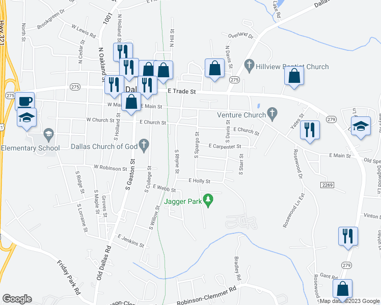 map of restaurants, bars, coffee shops, grocery stores, and more near 305 South Spargo Street in Dallas