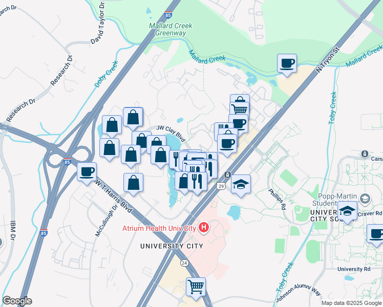 map of restaurants, bars, coffee shops, grocery stores, and more near JW Clay Boulevard in Charlotte